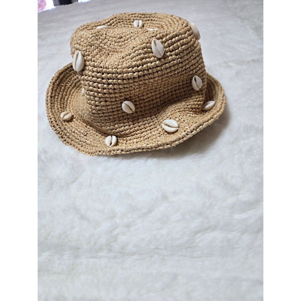 Augustine Raffia Straw Bucket Hat Cowrie Shell Natural Tan Summer Beach Hat 57cm